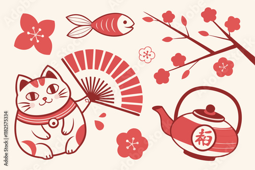 Φωτογραφία Japanese New Year, kawaii style, traditional motifs, lucky charms, maneki-neko,