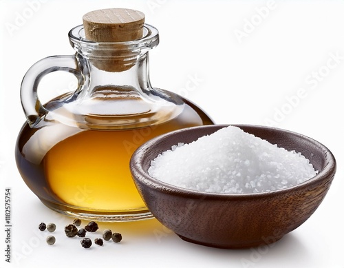 vinegar and salt classic combo for seasoning isolated on clear white background highly detailed
