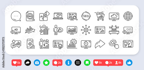 Seo line icons. Social media: share, comment, like icons. Set of Business Ad strategy, Increase sales and Website optimization icons. Puzzle, Web seo timer and Analytics increase graph. Vector