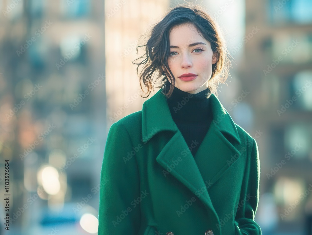 Fototapeta premium candid outdoor fashion portrait young woman in emerald green coat against urban setting with natural lighting and bokeh effect