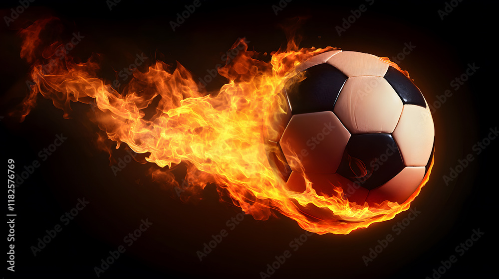 Naklejka premium a soccer ball engulfed in flames on a black background