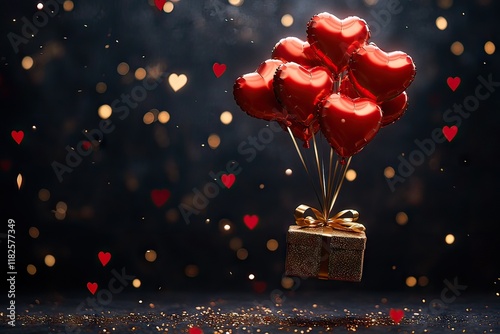 Red balloons with a gift on golden dark background. Heart-shaped balloons on a bokeh background. Glitter