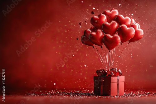 Red balls with gift on a dark red background. Heart-shaped balls. Glitter
