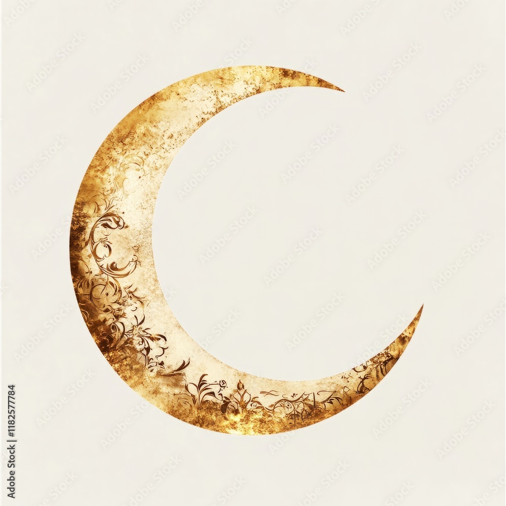 Minimalist golden crescent moon with Arabic calligraphy accents on a clean white background Minimalist golden crescent moon with Arabic calligraphy accents on a clean white background