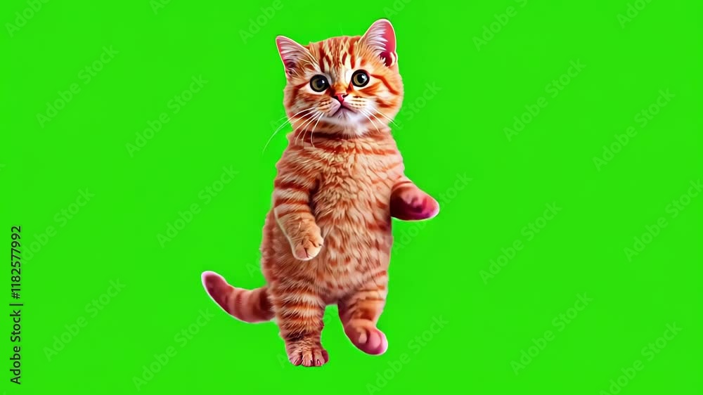 Looped dancing baby cute ginger kitten isolated on green chroma key background. Full body shot, alpha transparent overlay
