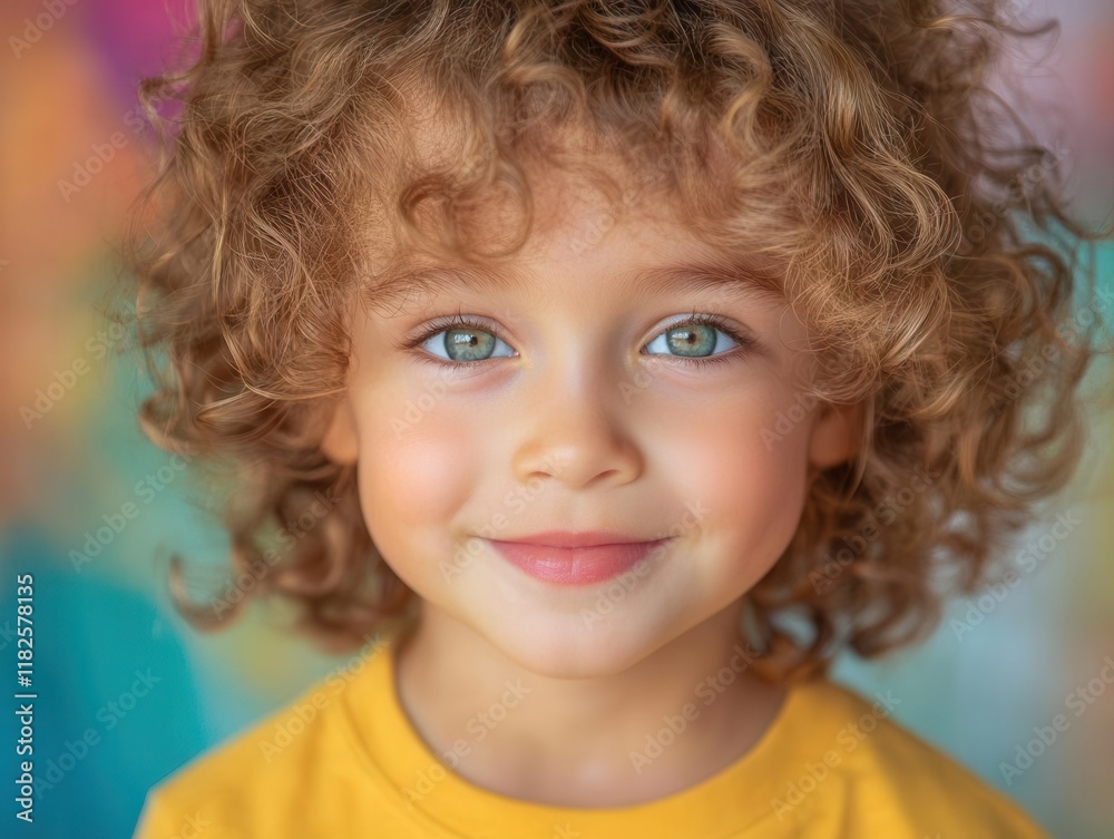Naklejka premium close-up portrait of a child with curly hair, showcasing innocence and joy. bright eyes and a radiant smile capture the essence of childhood, set against a colorful background