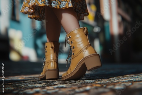 A close-up shot of a person's shoes sitting on a city sidewalk photo