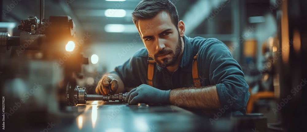 Machinist working on machine, factory background. Industrial work Machinist working on machine, factory background. Industrial work