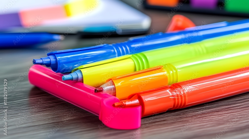 Fototapeta premium Colorful markers desk organizer office supplies background