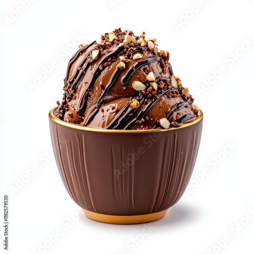 Delicious chocolate ice cream topped with nuts and chocolate sauce in a stylish bowl. photo