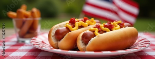 Classic Hot Dogs with American Flag in the Background. Great for summer barbecue ads, picnic promotions, or American food festivals photo