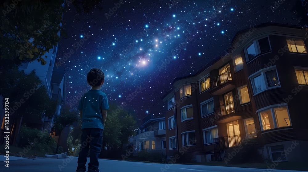 Naklejka premium Boy Gazing at Starry Sky with Constellations in Front of Residential Building