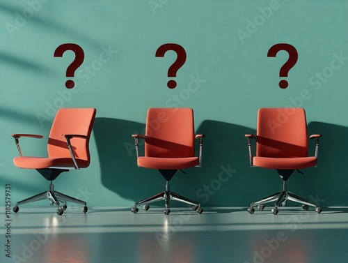 corporate workforce crisis visualization empty office chairs with question mark shadows, modern minimalist design showing employee shortage impact