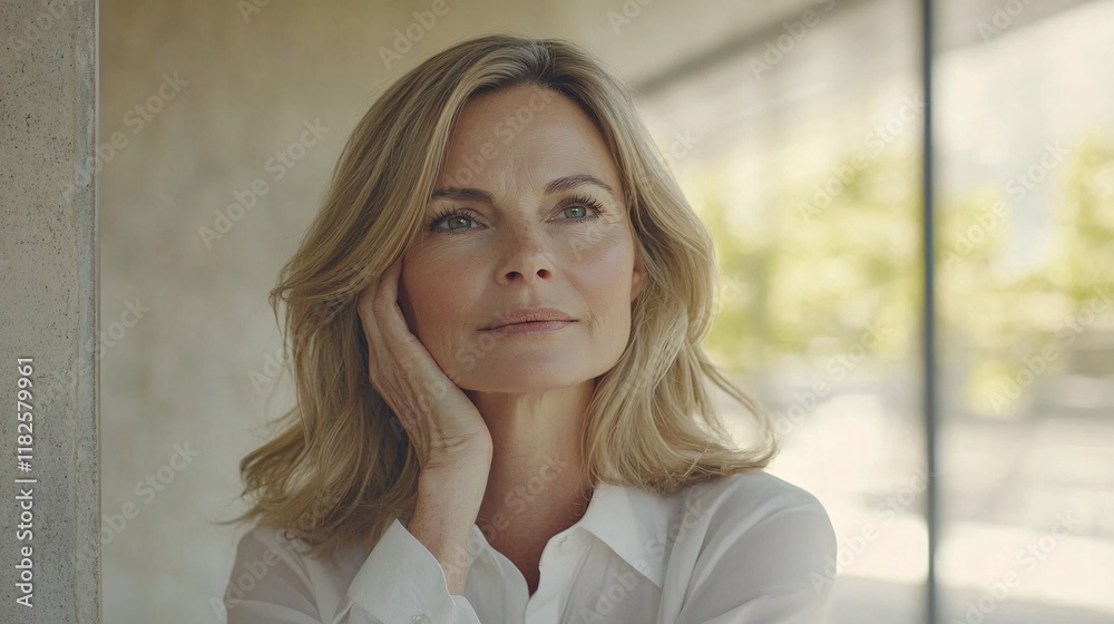 Woman with light hair thoughtfully reflecting in a modern indoor space Woman with light hair thoughtfully reflecting in a modern indoor space