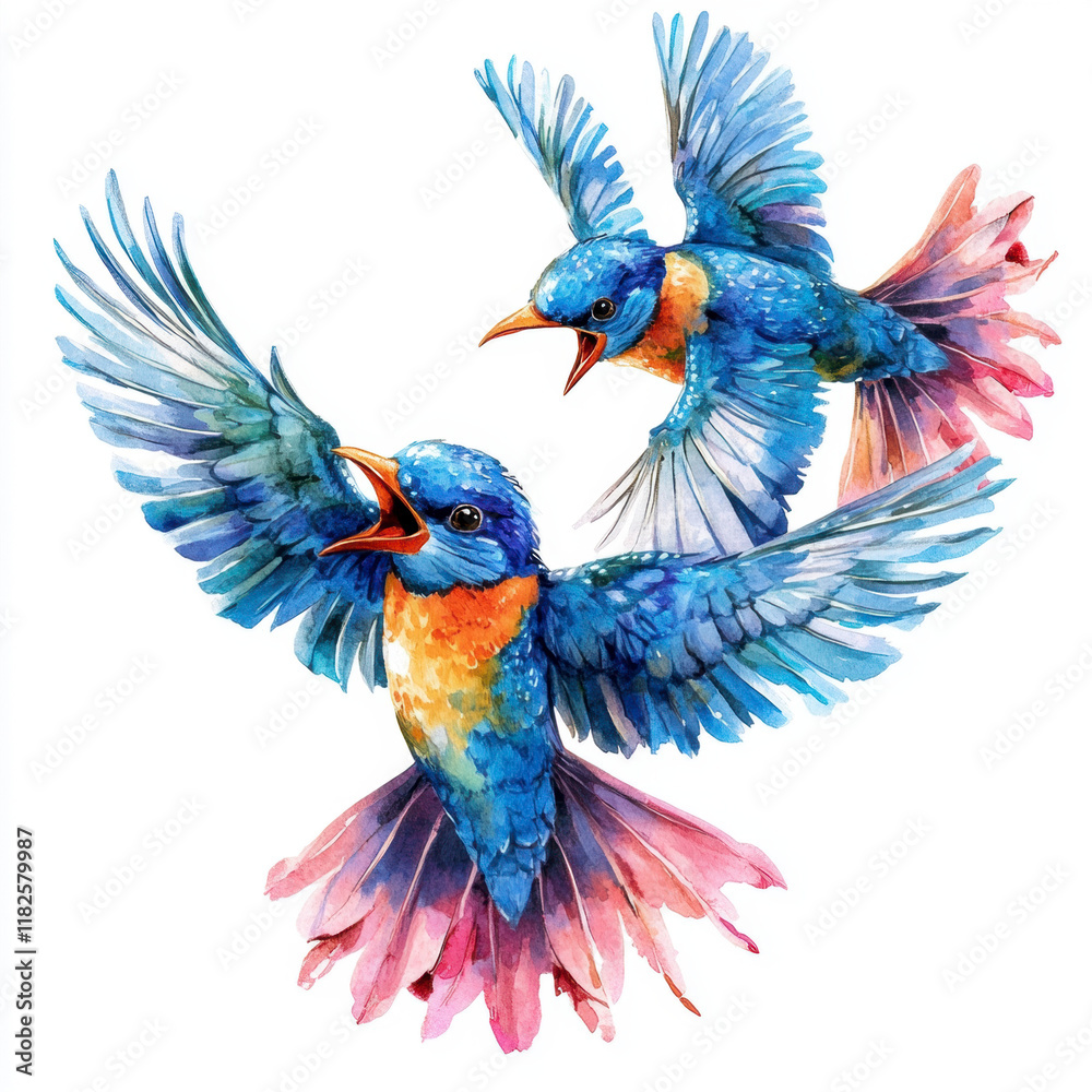 Fototapeta premium Illustration of two blue birds in flight on a white background.
