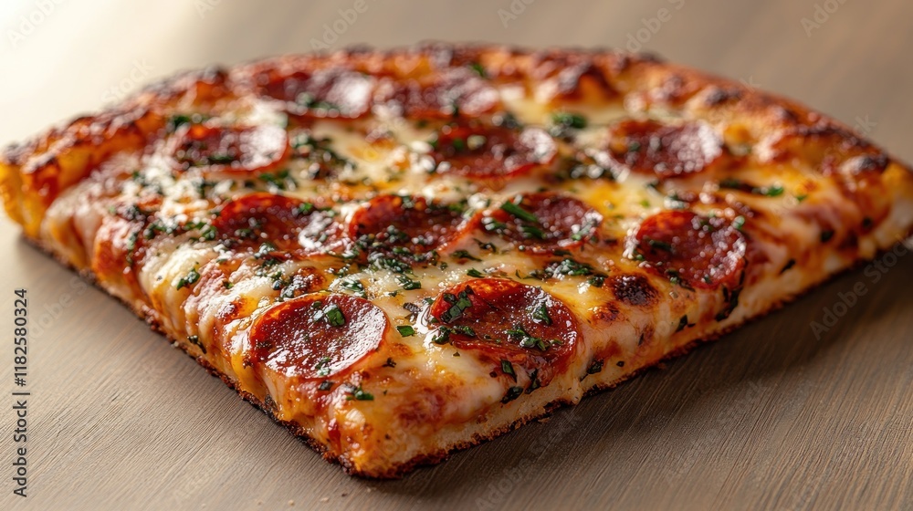 A delicious slice of pepperoni pizza with a crispy crust and herbs. A delicious slice of pepperoni pizza with a crispy crust and herbs.