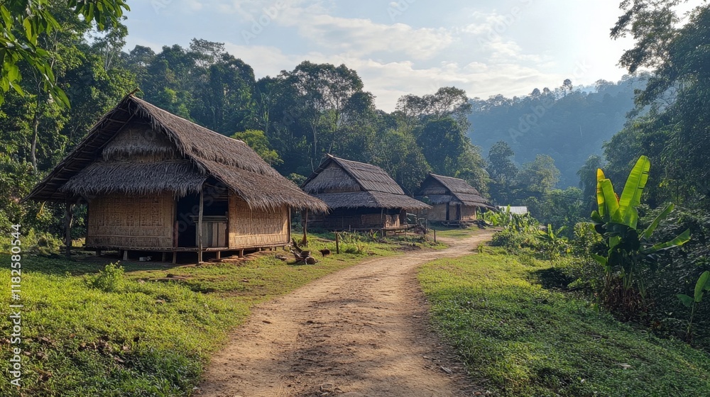 Fototapeta premium Tranquil Village Homes in Lush Forest
