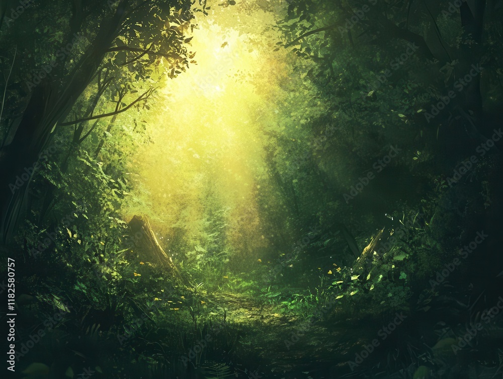 Obraz premium dark rainforest scene where sun rays pierce through dense foliage, illuminating rich greenery and creating an atmospheric, enchanting forest filled with fantasy elements