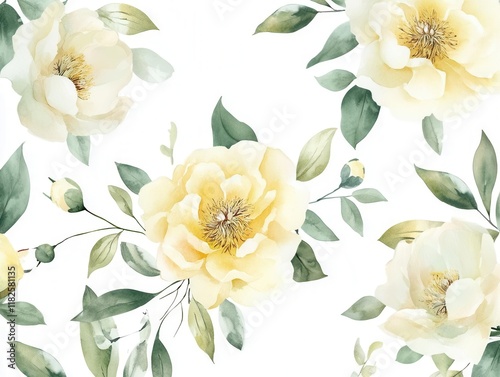 delicate watercolor botanical collection featuring soft yellow and green peonies, leaves and branches on clean white background with clipping path