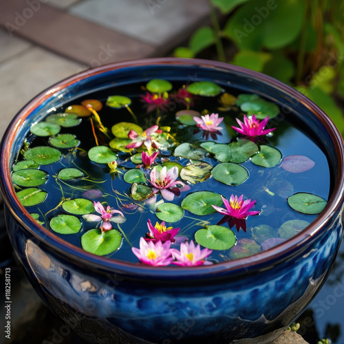 serene water garden featuring vibrant pink water lilies and lush green lily pads floating in decorative blue bowl. This tranquil scene evokes sense of peace and natural beauty photo