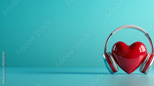 Shiny Red Heart with Headphones on Blue Background photo