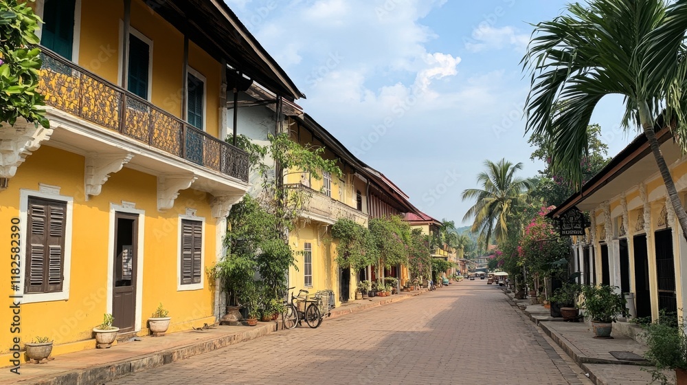 Charming Yellow Colonial Street in a Historic Town Charming Yellow Colonial Street in a Historic Town