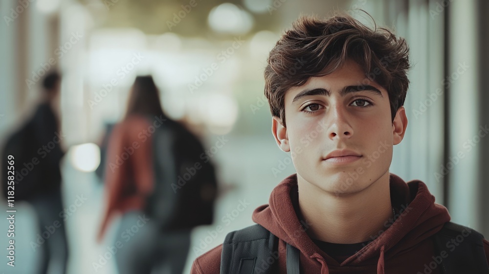 Fototapeta premium Hispanic teenage male student in school hallway with backpack