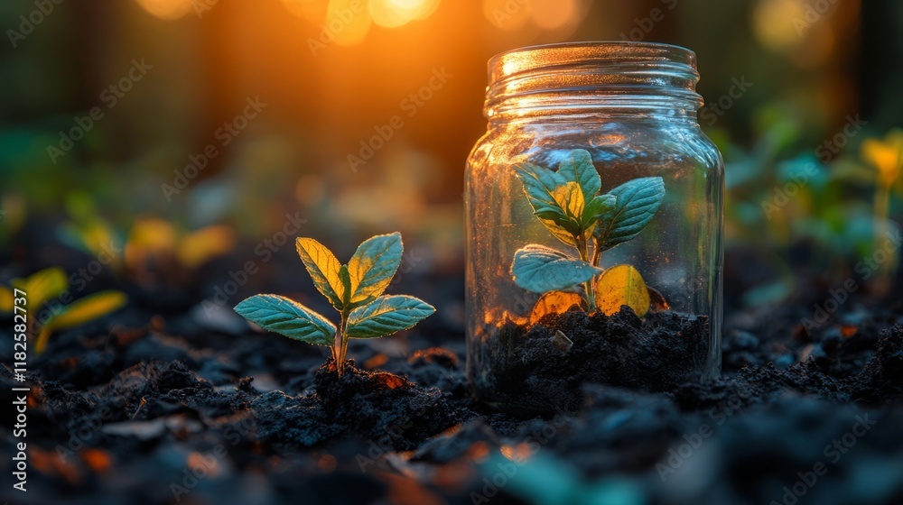 Sunlit seedling in a jar among soil sprouts in forest setting Sunlit seedling in a jar among soil sprouts in forest setting