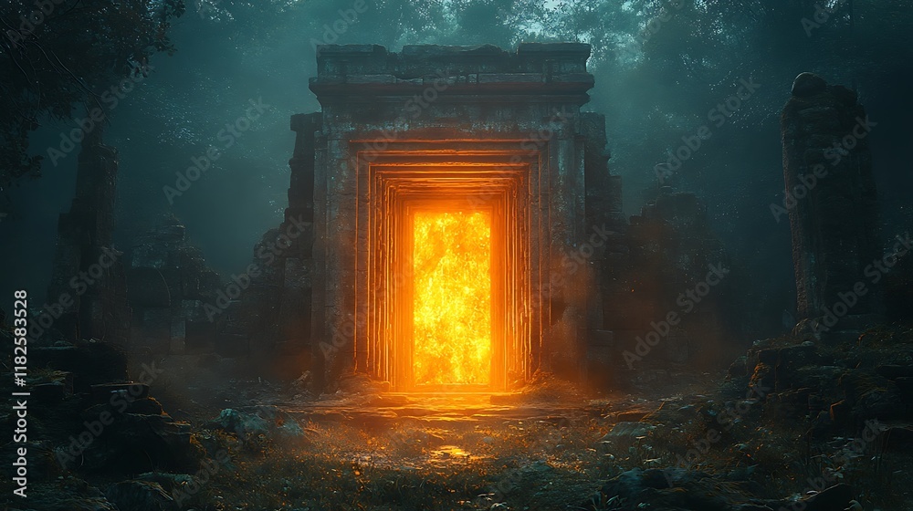 Fiery Portal Within Ancient Forest Ruins