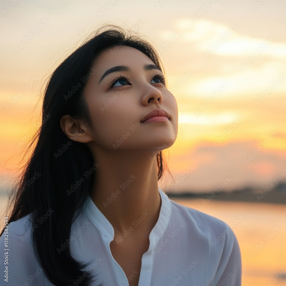 A woman looks up at the clear blue sky, perhaps lost in thought A woman looks up at the clear blue sky, perhaps lost in thought