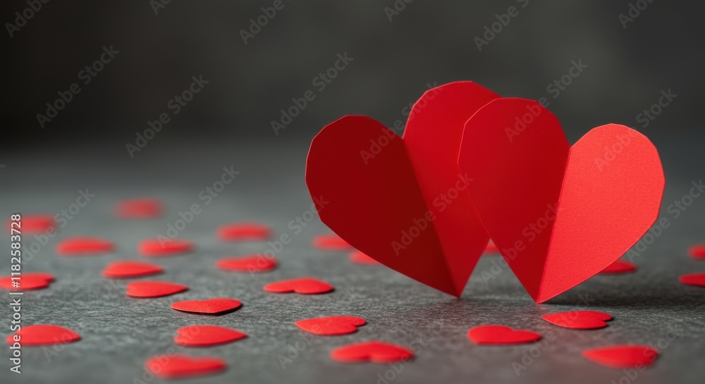 Two overlapping red paper hearts are slightly tilted towards each other set against a bokeh background valentines day red hearts Two overlapping red paper hearts are slightly tilted towards each other set against a bokeh background valentines day red hearts