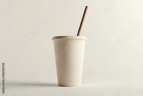 White Paper Coffee Cup with Straw on Simple Background photo