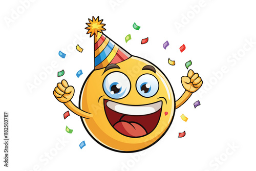 Vibrant party themed emoji illustration with wide smile, festive hat, and colorful confetti, symbolizing fun, joy, and celebration