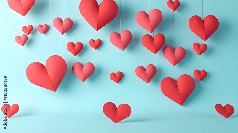 Precise architectural photograph of paper hearts on a pastel blue background, volumetric lighting, smooth gradient transitions, seamless color blending, visible light beams, sharp lines, for Valentine Precise architectural photograph of paper hearts on a pastel blue background, volumetric lighting, smooth gradient transitions, seamless color blending, visible light beams, sharp lines, for Valentine