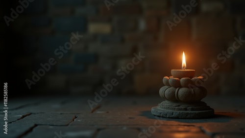 Buddhism, Four noble truths, Minimalist photo of a lamp illuminating carved stone symbols of the Four Noble Truths in a dim temple interior.