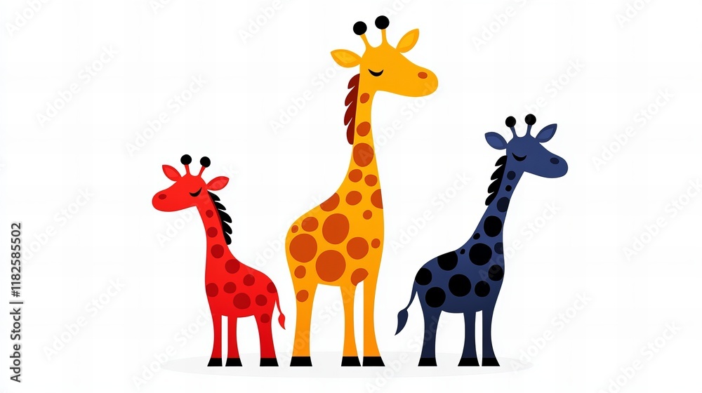 Obraz premium Three cartoon giraffes, red, orange, and blue, stand side by side against a white background. A cute illustration!