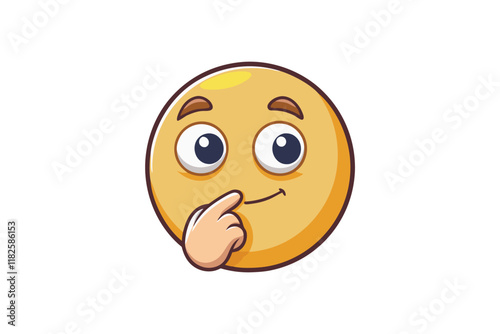 Cute thinking emoji face with hand on chin expressing curiosity, reflection, and deep thought on a clean white background
