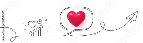 Heart beat line icon. Continuous line with share plane. Heartbeat chart growth sign. Patient Ecg rhythm symbol. 3d heart in speech bubble. Heart beat single line ribbon. Loop curve pattern. Vector