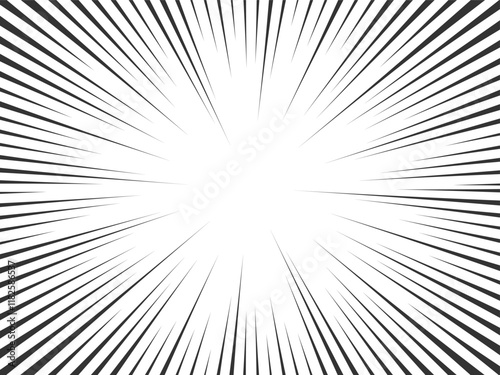 Radial lines Comic Background. Abstract speed explosion sunbeam starburst Flash backdrop. Sun Rays Black and white illustration