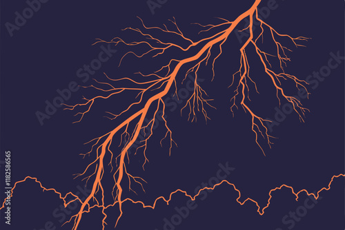 Lightning bolt, electrical discharge, glowing orange, jagged lines, energy streak, transparent background, dark atmosphere, luminous effect, electric power, storm visual, dynamic force, abstract elect