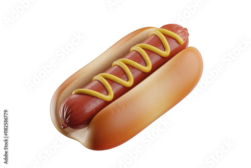 A 3D rendered image of a hot dog in a bun with mustard. background removed photo