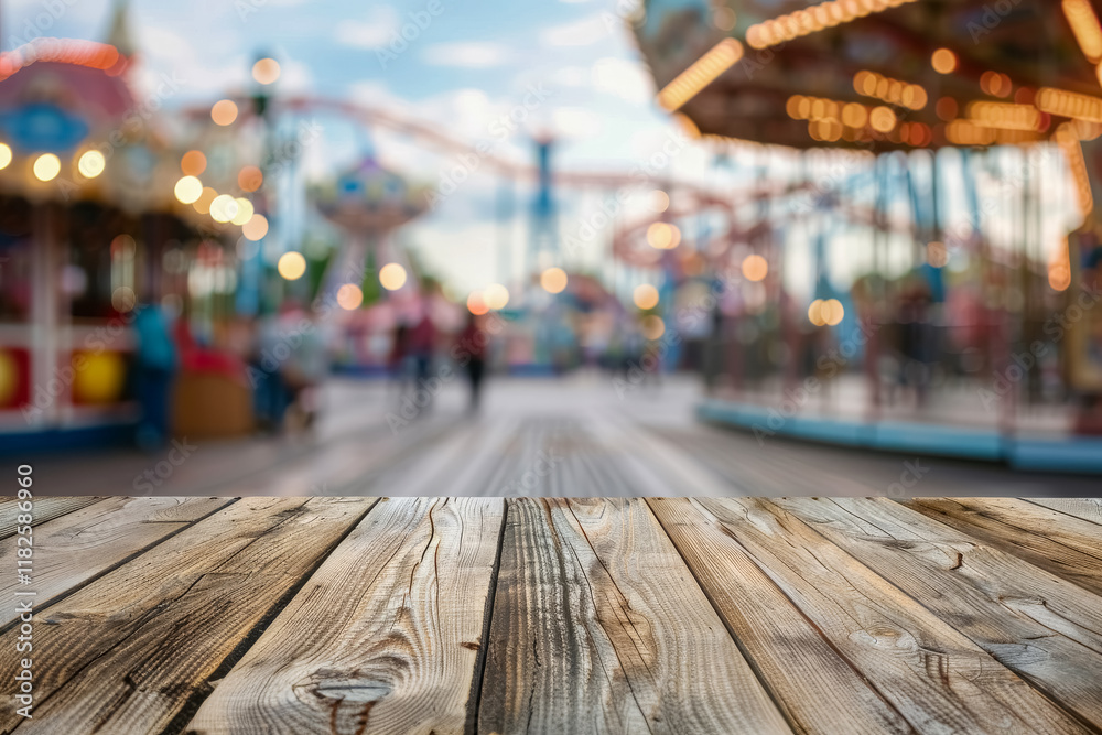 Colorful amusement park atmosphere with empty wooden table and blurred attractions in the background with copy space Colorful amusement park atmosphere with empty wooden table and blurred attractions in the background with copy space