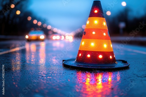 A single traffic cone on the side of the road, perfect for depicting roadside safety or construction scenes photo