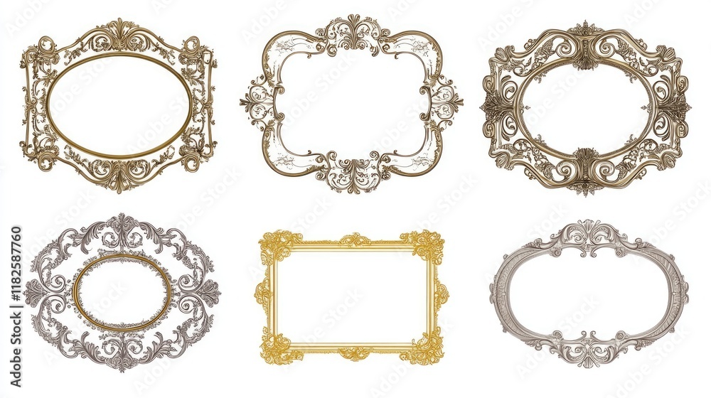 Set of four ornate frames on a white background, ideal for design and decoration projects Set of four ornate frames on a white background, ideal for design and decoration projects