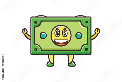 Playful dollar bill character with golden coin eyes and smiley face, designed for financial concepts, wealth, and money themes