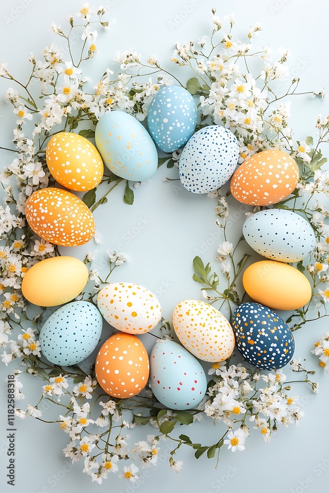 Obraz premium close up of painted colorful easter eggs in wreath with spring branch flowers on soft blue background, spring holiday concept banner
