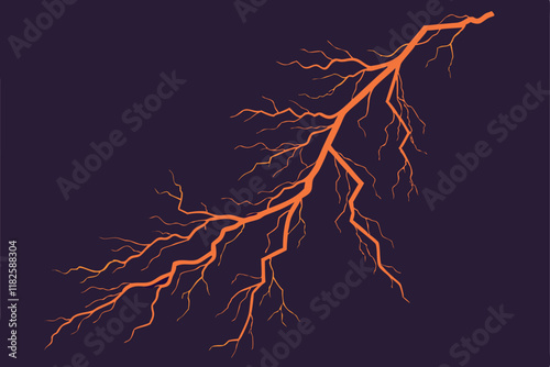 Lightning bolt, electrical discharge, glowing orange, jagged lines, energy streak, transparent background, dark atmosphere, luminous effect, electric power, storm visual, dynamic force, abstract elect