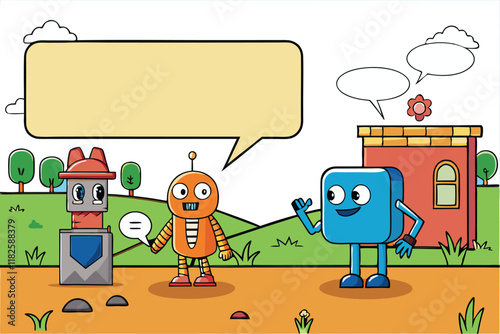 Bright and cheerful robot themed cartoon characters with dialogue bubbles for creative customization in storytelling visuals