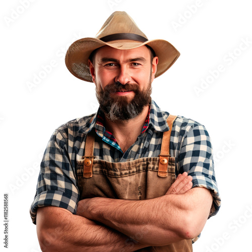 Caucasian farmer in a hat, isolated on transparent background. PNG element.