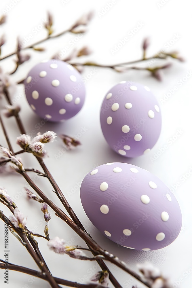 Fototapeta premium close up of painted dots pattern pastel purple easter eggs with spring willow branches and flowers on white background, spring holiday concept banner